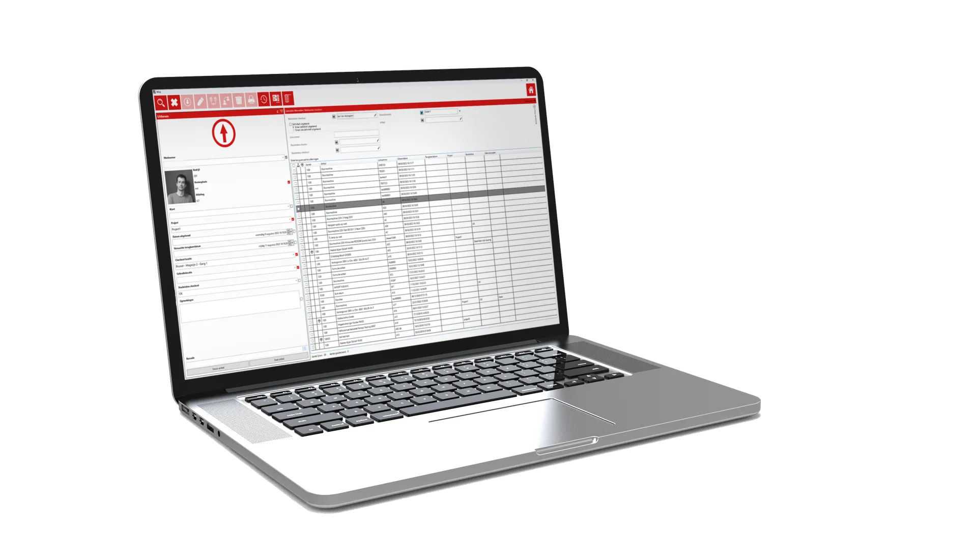 Laptop met MIRA Software-overzicht en magazijnscanner