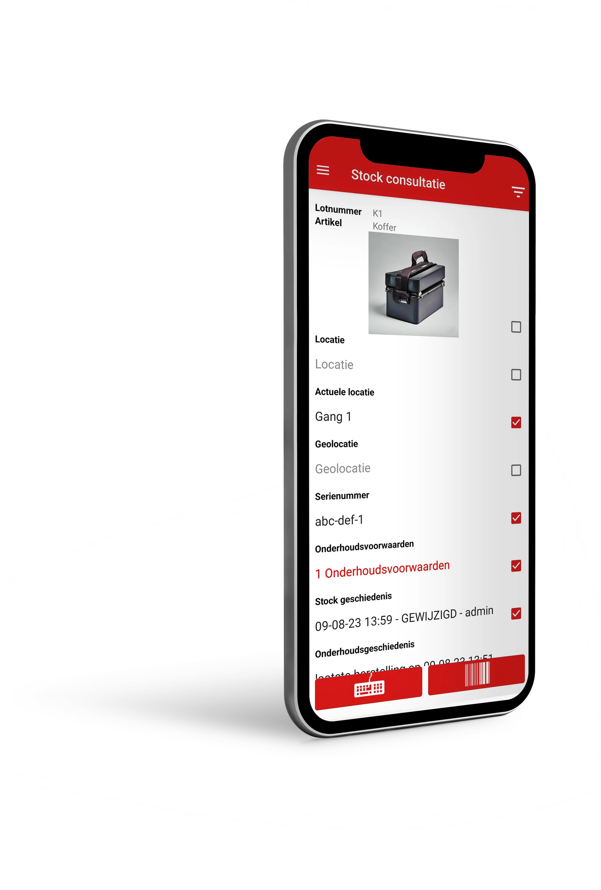 Smartphone met productfiche in de MIRA-app